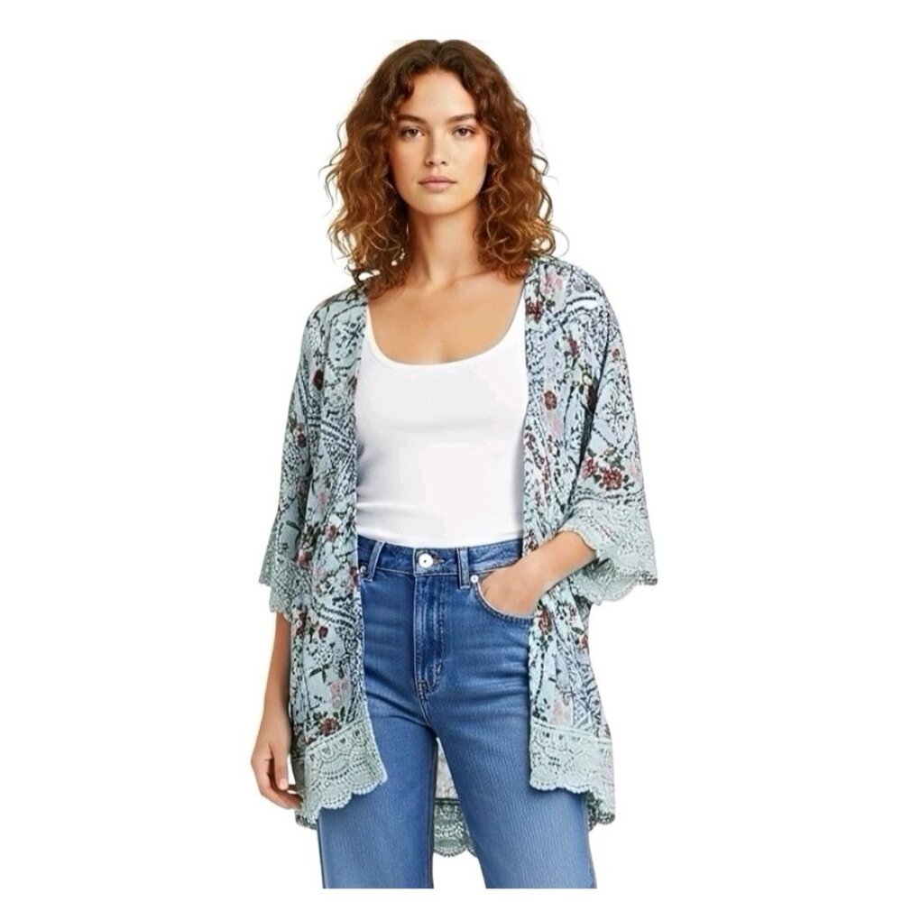 Mason & Belle Womens Lace Trim Floral Kimono Cardigan 1X Blue Polyester - Picture 6 of 6